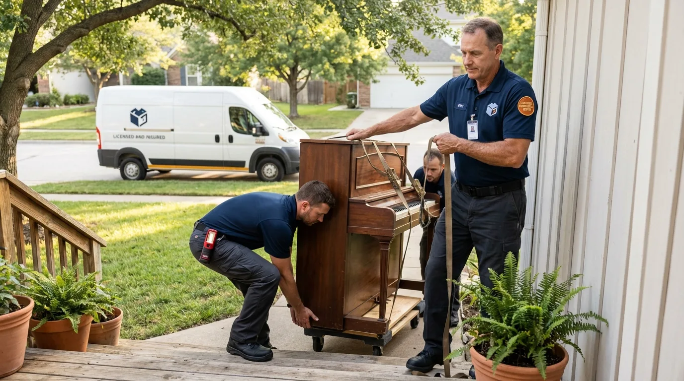 Licensed piano movers securing grand piano in Nobleboro, ME