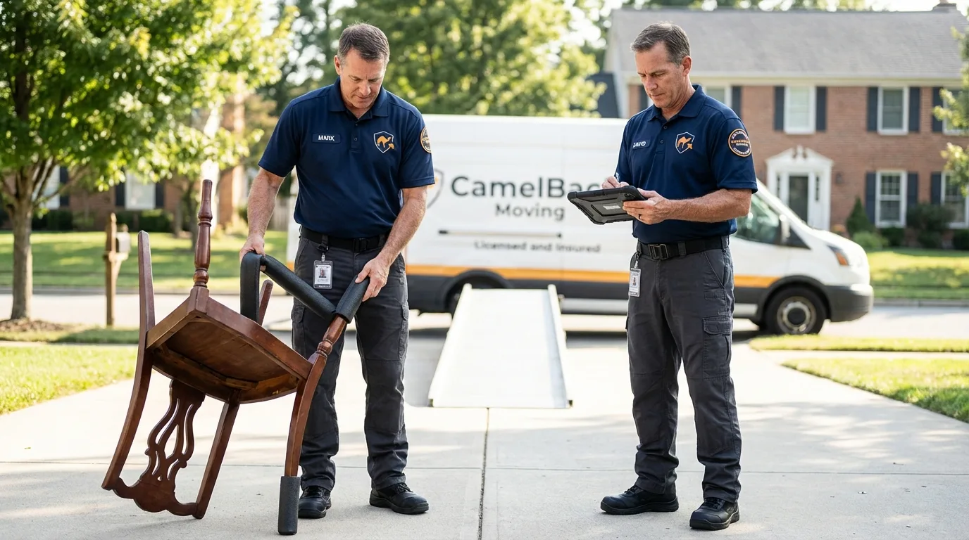 Movers inspecting furniture for damage prevention before loading in Nobleboro, ME